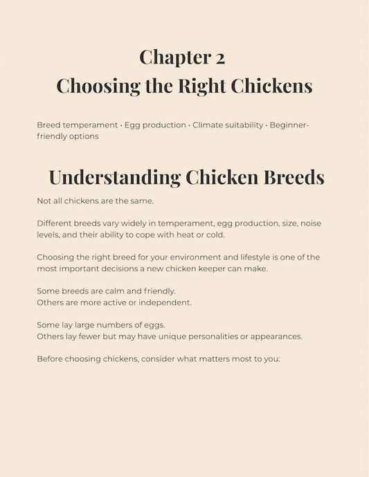 Text on choosing the right chickens with a beige background