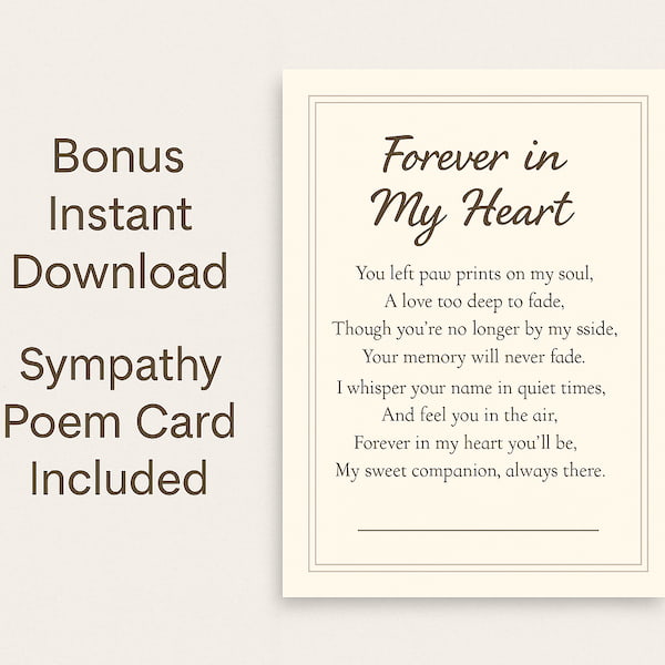 Printable sympathy poem card included with personalized heart locket necklace – digital download with paw design.
