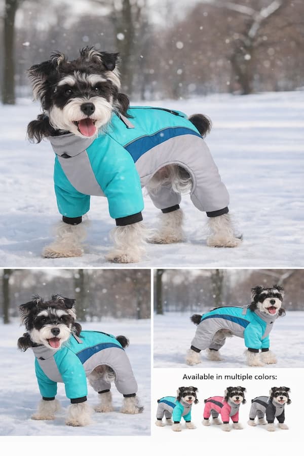 Dog wearing a colorful winter coat in the snow with additional images showing the coat in different colors.