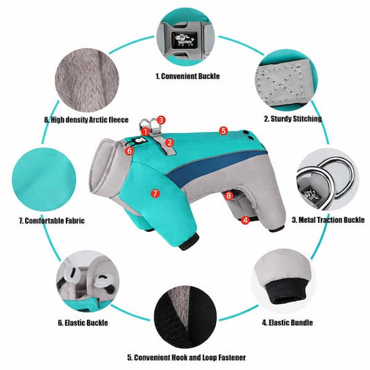 Dog coat harness with labeled features on a white background