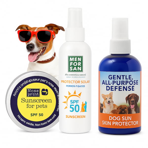 Three different pet suncreams for dogs and cats, including Noseprint SPF 50, Menforsan SPF 50, and EBPP Sun Skin Protector, displayed together for summer pet care.