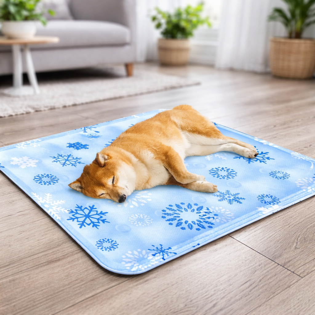 Dog lying on a blue cooling mat with snowflake patterns in a living room.