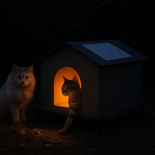 Outdoor winter cat shelter at night with a warm glowing interior, featuring two stray cats beside a waterproof insulated house on a raised base.