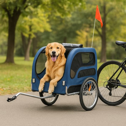 Dog in a blue bike trailer with a bicycle on a path in a park.