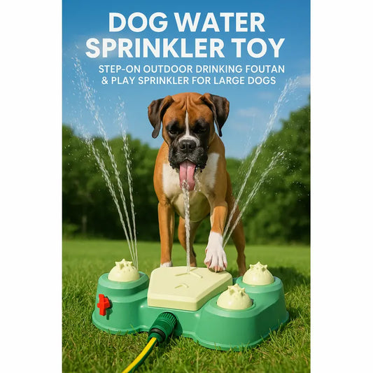 Dog playing with water sprinkler toy on grass – step-on outdoor drinking fountain and splash toy for large dogs