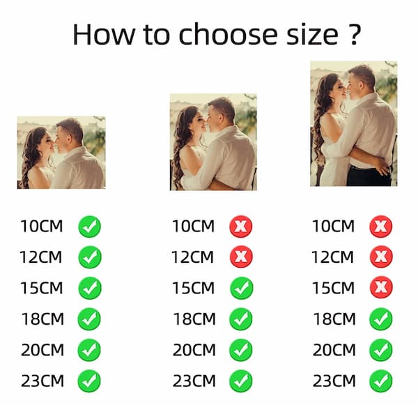 Size guide for personalized 3D moon lamp showing best photo fit for each size. Close-up photos work for 10–12cm lamps, while full-body photos are best for 15–23cm sizes.