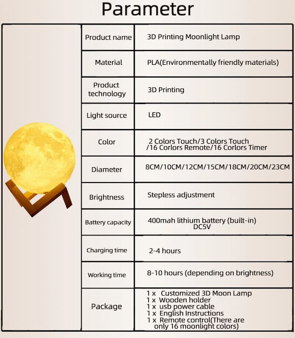 Product specifications table for a 3D Printing Moonlight Lamp with an illustration of the lamp.