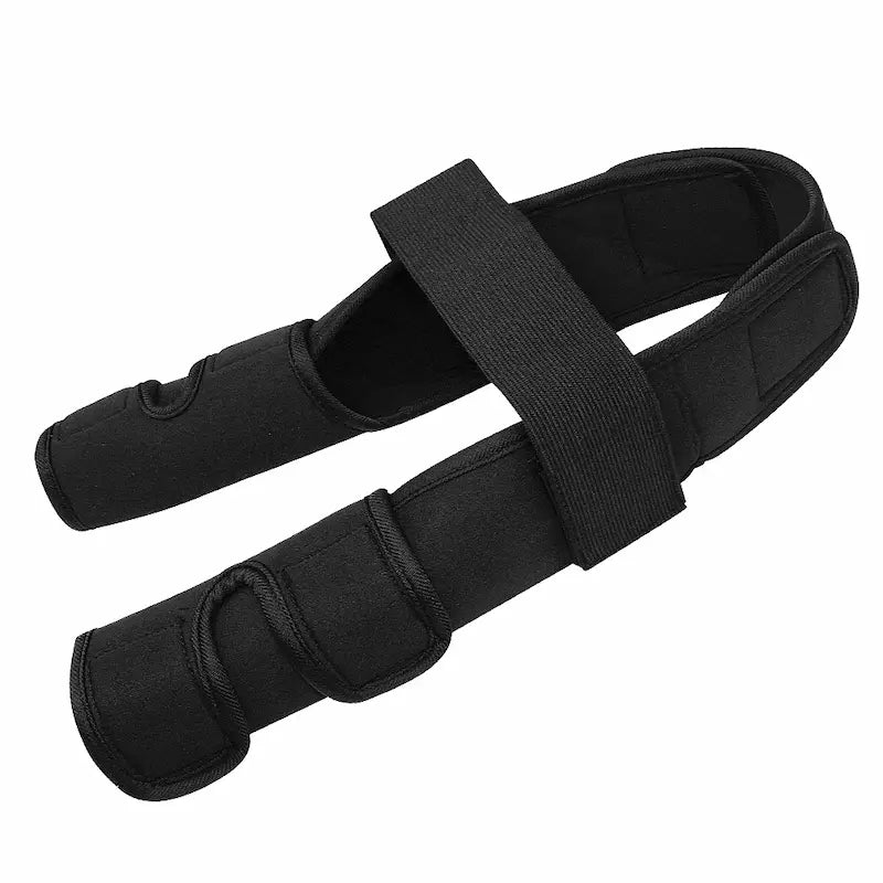 Pair of black reinforced dog knee braces with Velcro and steel inserts – joint support gear for injury recovery and arthritis relief