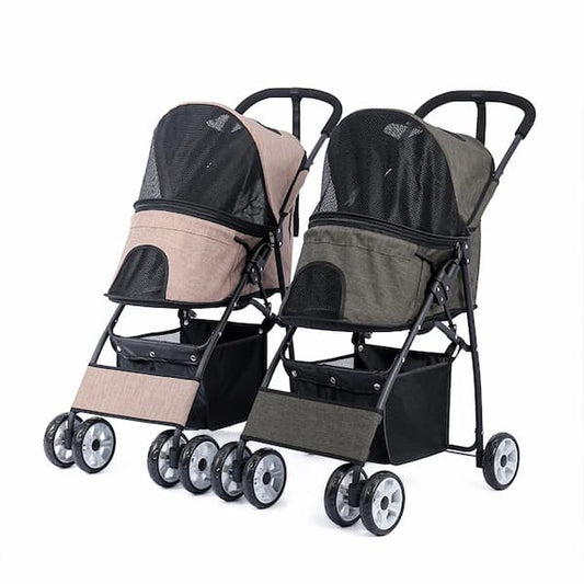 Two pet strollers, one beige and one gray, on a white background