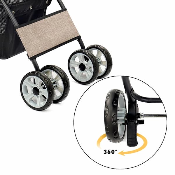Stroller wheels with a close-up of a wheel's 360-degree rotation on a white background.