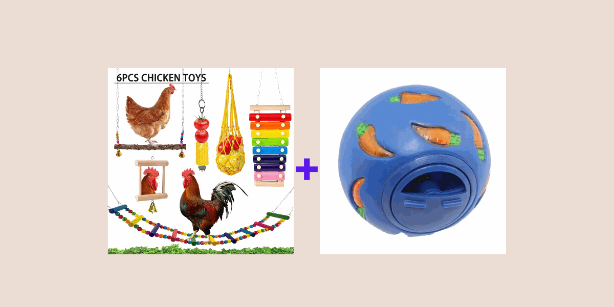 Happy Hen Bundle with 6-piece chicken toys and blue treat ball.