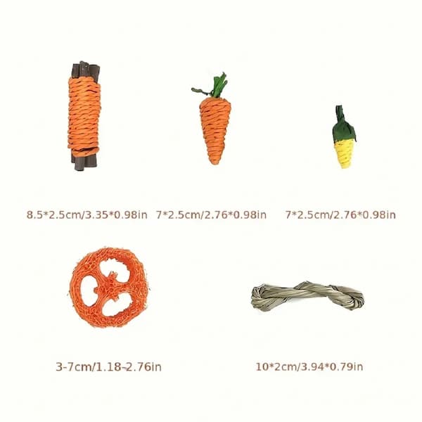 Collection of small pet toys including a rope, carrot, corn, and other items with measurements on a white background.