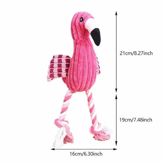 Pink flamingo toy with measurements on a white background