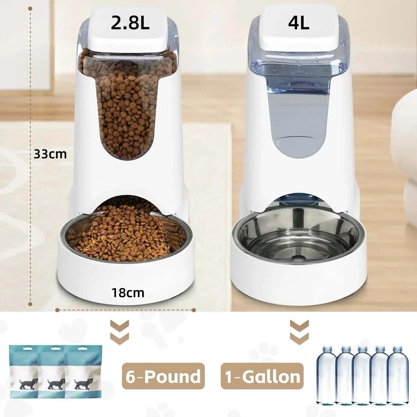 Automatic dog feeder and water dispenser with large capacity for pets.