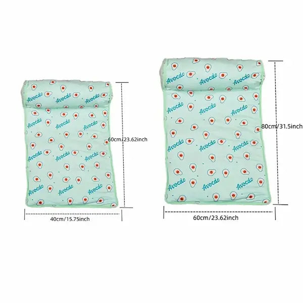 Breathable Summer Cooling Dog & Cat Mat shown on sofa. Lightweight, washable pet blanket designed to keep dogs and cats cool during hot weather.