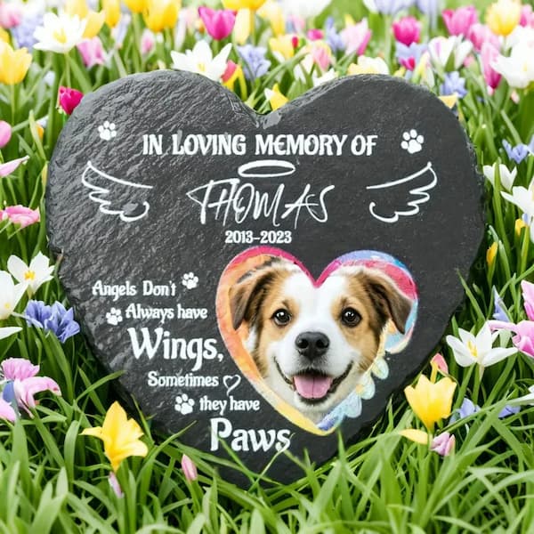 Personalised pet memorial plaque with custom photo printing on slate, heart-shaped design for garden grave marker