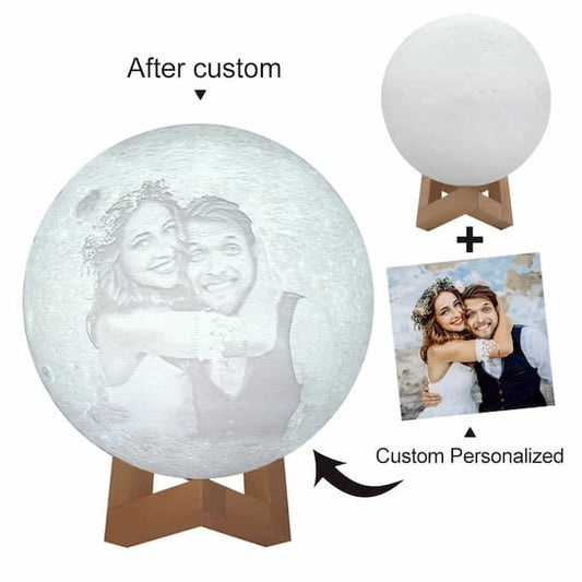 Customized moon lamp with a stand and a photo of a couple on a white background