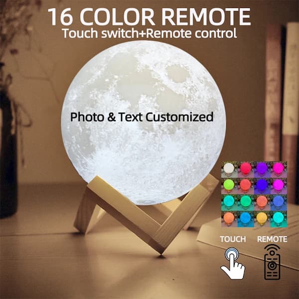 Moon-shaped lamp with customizable colors on a wooden stand, featuring text and icons indicating touch and remote control options.