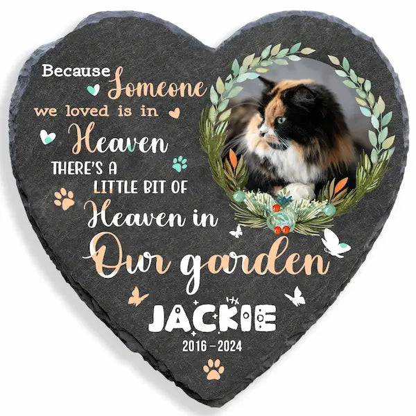 Custom pet memorial plaque with dog photo and personalized engraving on heart-shaped slate for garden grave marker"