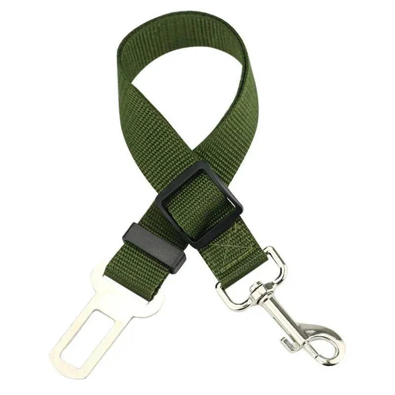 Adjustable Pet Car Seat Belt in use – dog sitting safely in a car with the seat belt attached to its harness."