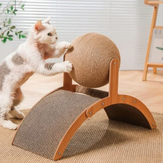 2-in-1 Wooden Cat Scratching Ball with Sisal Board - Interactive Grinding Toy
