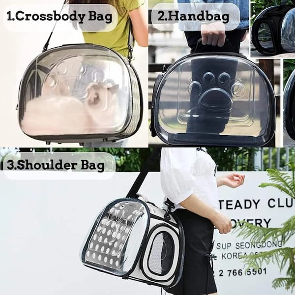 Collage of transparent pet carrier bags with different designs and uses.
