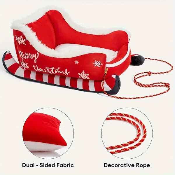 Red and white inflatable sled with Christmas design, dual-sided fabric, and decorative rope on a white background.