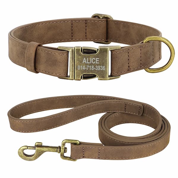 Brown dog collar and leash set with engraved nameplate on a white background