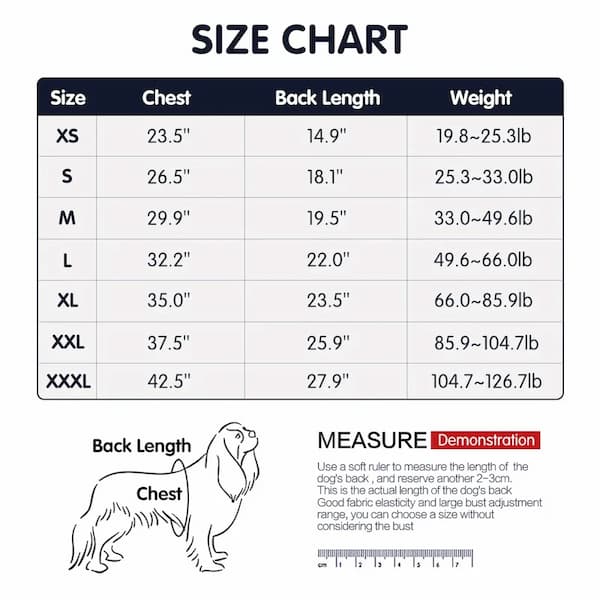 Dog coat size chart with measurements for chest, back length, and weight.