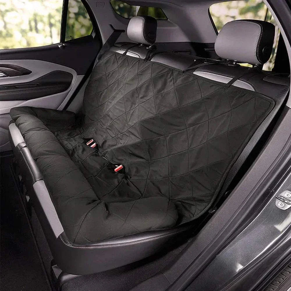 Waterproof double-sided dog car seat cover, anti-scratch, fits snugly, protects seats from pet fur and dirt.