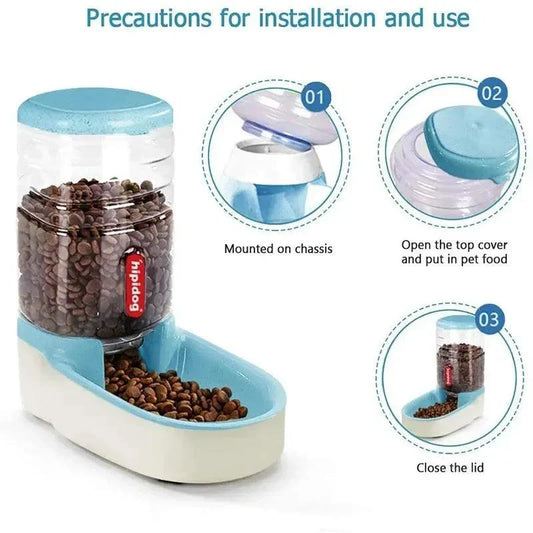 Automatic dog feeder and water dispenser with large capacity for pets.