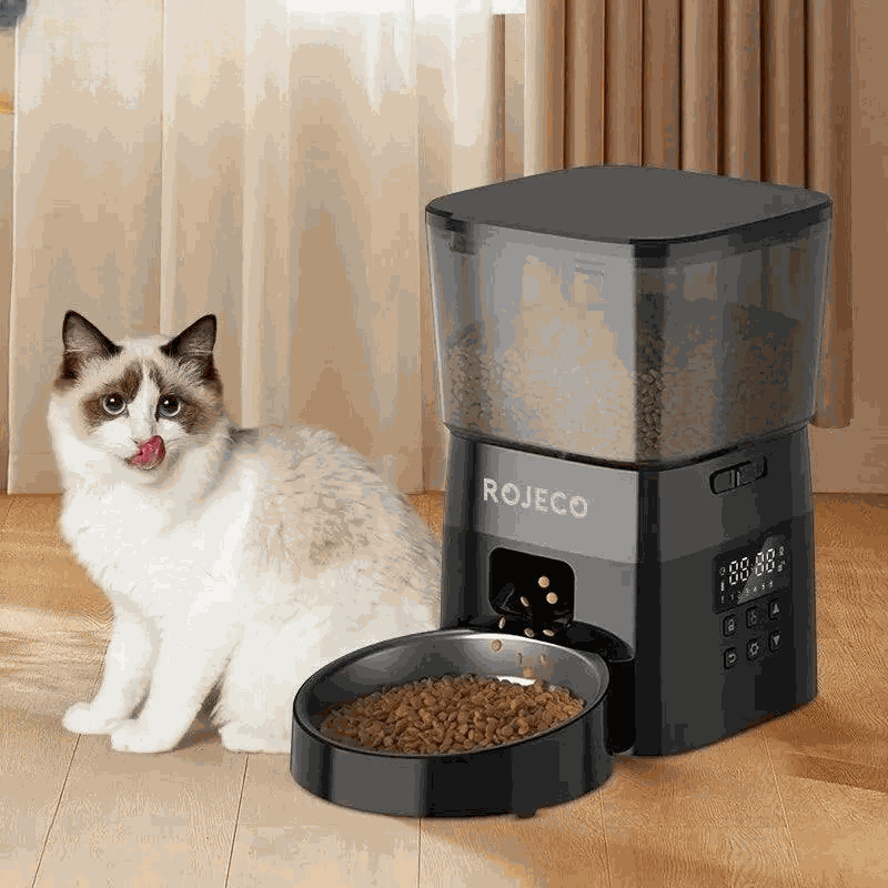 Rojeco automatic pet feeder with button control for cats and dogs indoors.