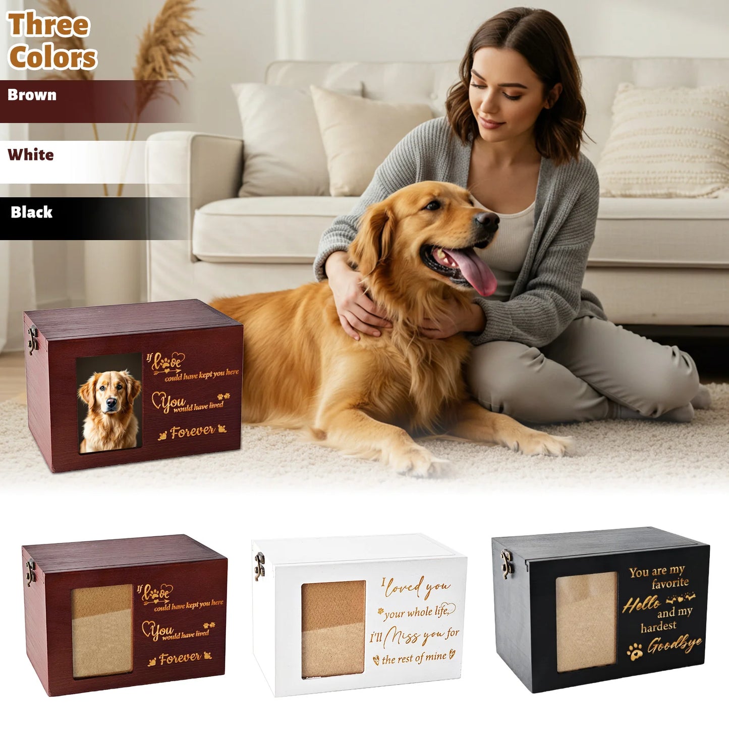 Woman sitting with a dog in a living room, surrounded by pet memorials in different colors.