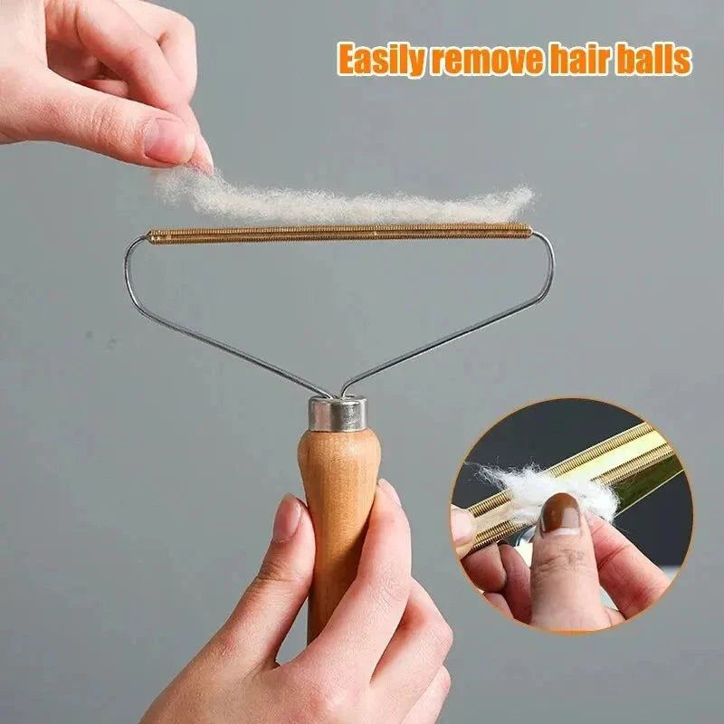 Portable lint remover scraping pet hair from a wool coat, reusable manual cleaning tool for carpets, clothes, and upholstery.