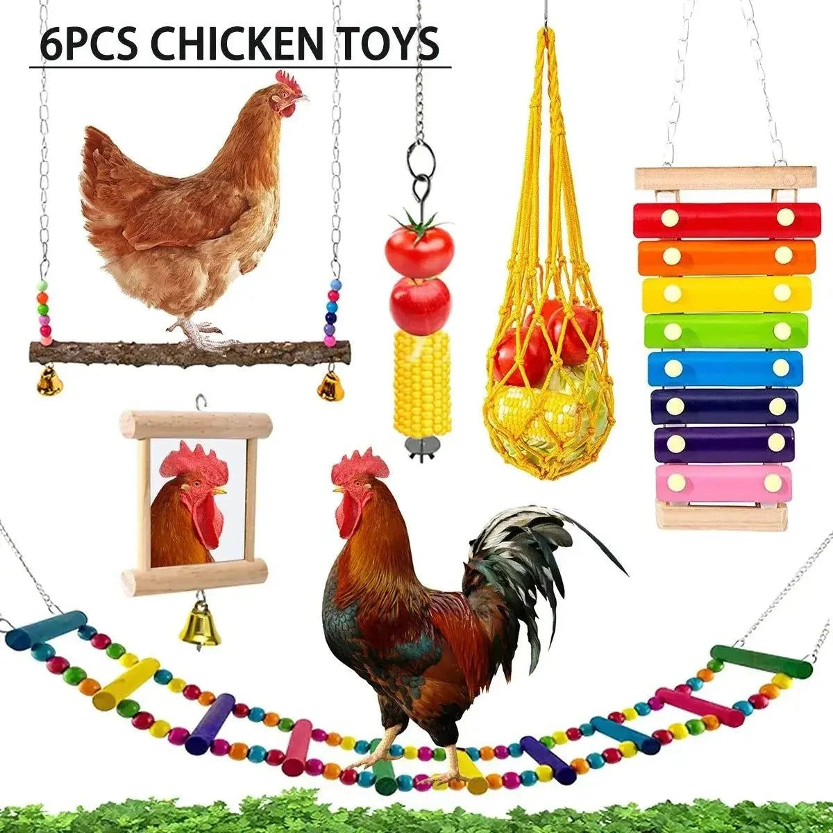 Chicken enrichment toy set including wooden swing, feeder, xylophone, mirror with bell, veggie mesh bag, and colorful ladder for foraging and play.