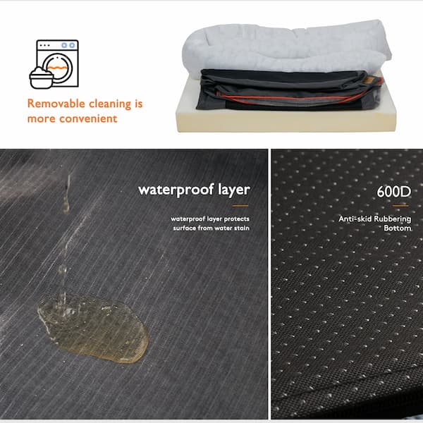 Mattress topper with waterproof layer and anti-skid bottom, showing cleaning convenience and material details.