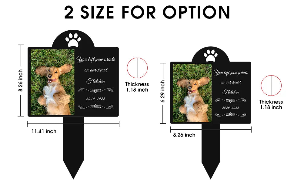 Two black pet memorial signs with a dog photo and text, showing different sizes.