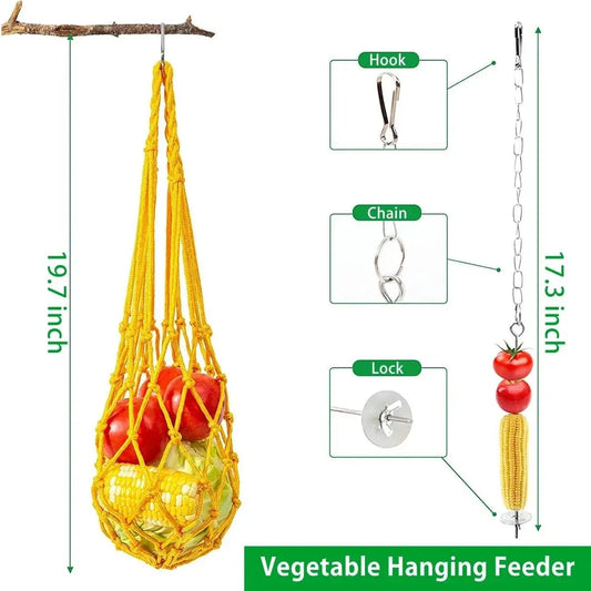 “Stainless steel treat skewer and mesh veggie bag for feeding chickens fruit and greens