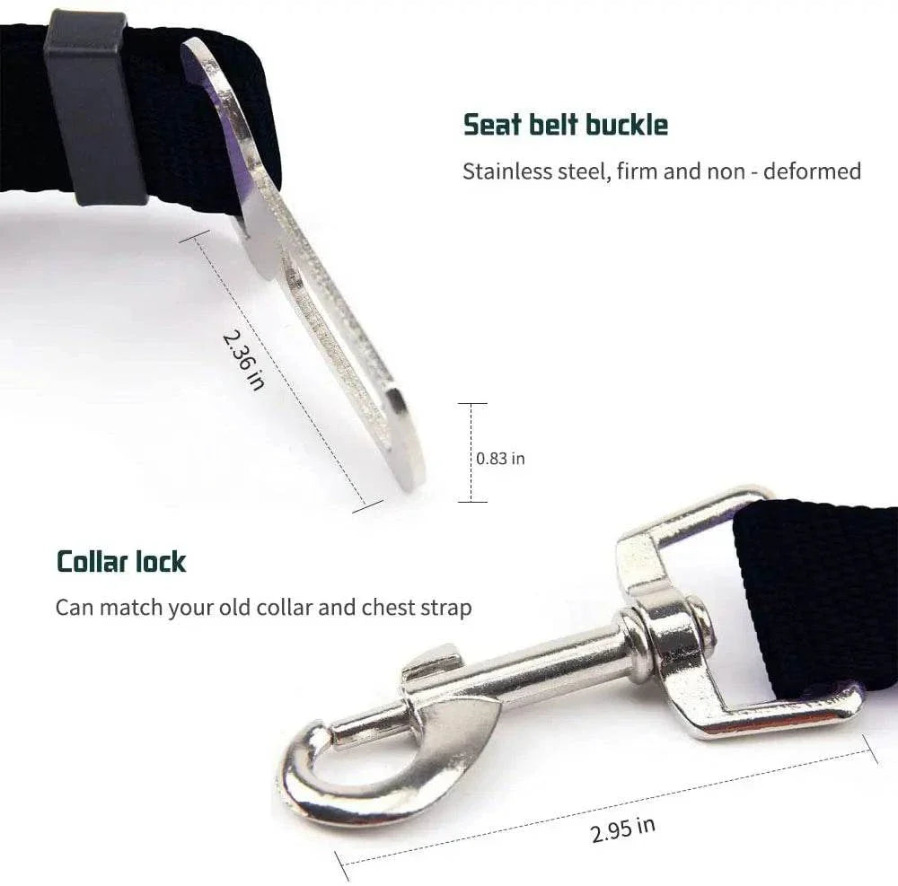 Adjustable Pet Car Seat Belt in use – dog sitting safely in a car with the seat belt attached to its harness."