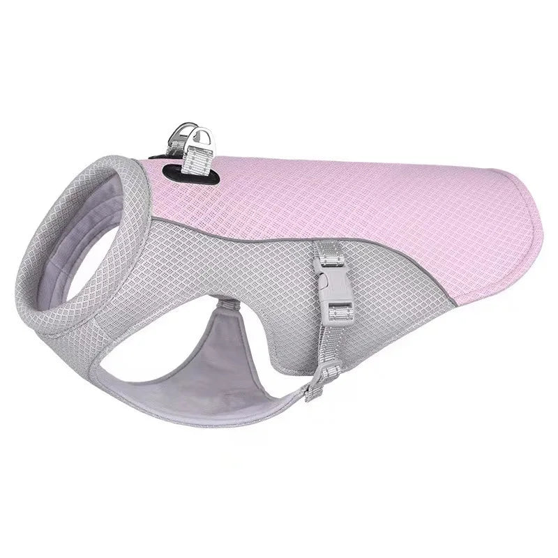 Pink and gray dog cooling harness on a white background