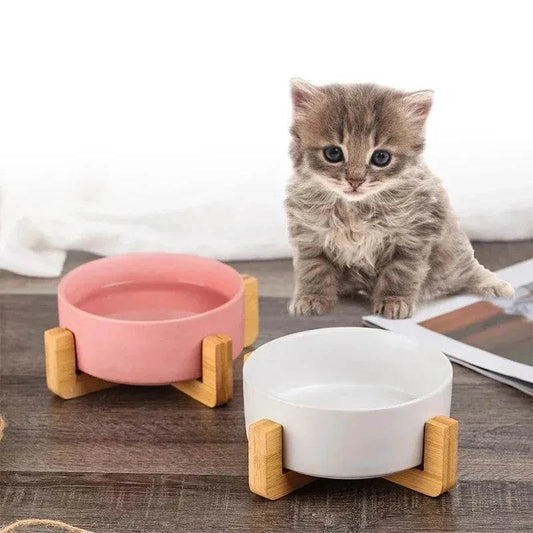 Ceramic Pet Bowl with Wooden Stand – No-Spill Double Feeder