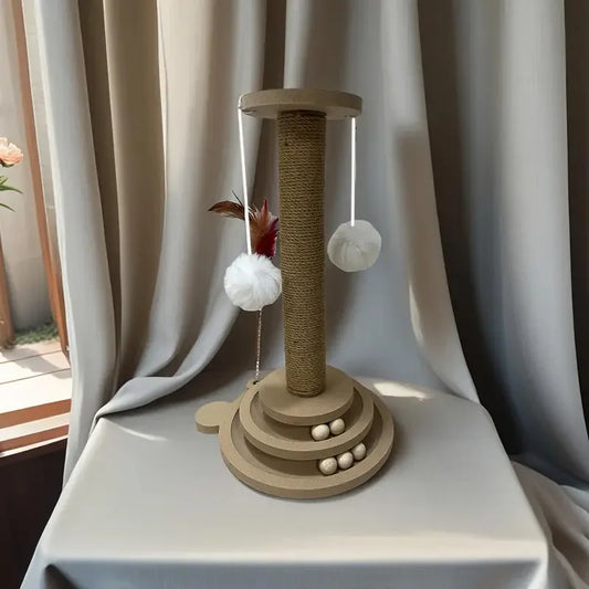 Cat toy tower with scratching post, feathers, and balls on a neutral background