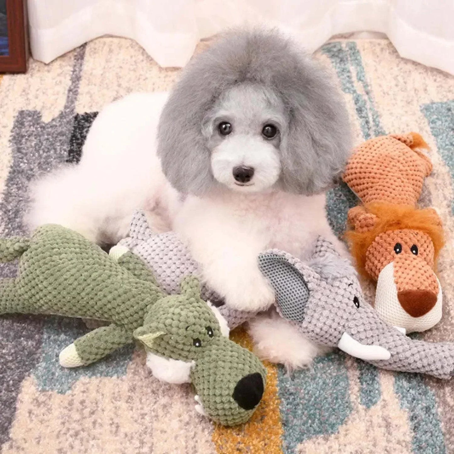 Plush squeaky dog toy for large dogs, designed for play, cuddling, and dental health.