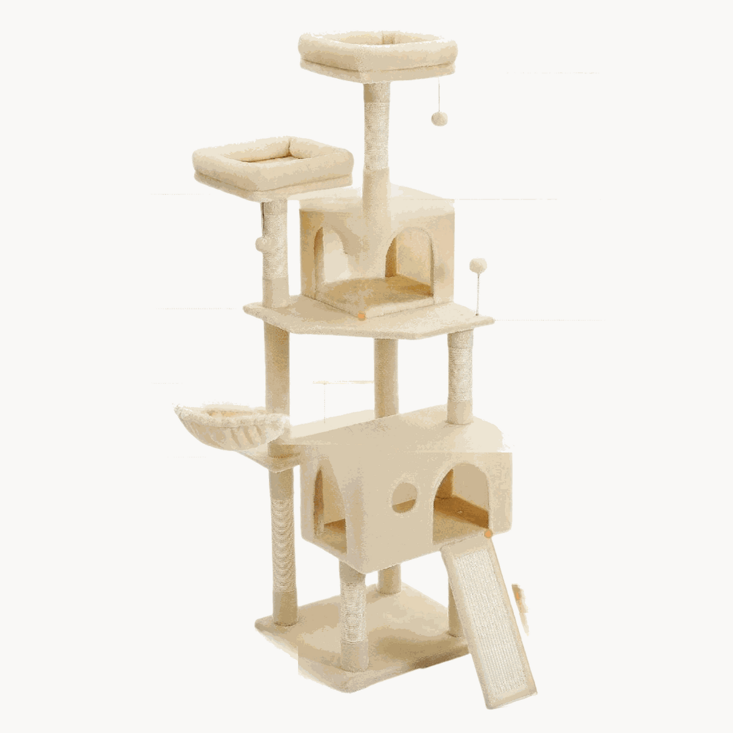 Luxury cat tree with double condos, spacious perch, cat hammock, fully wrapped sisal scratching posts, and dangling balls.