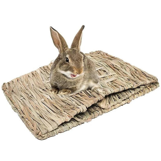 Foldable woven grass house bed for rabbits, guinea pigs, and small pets – natural chew-safe nest.