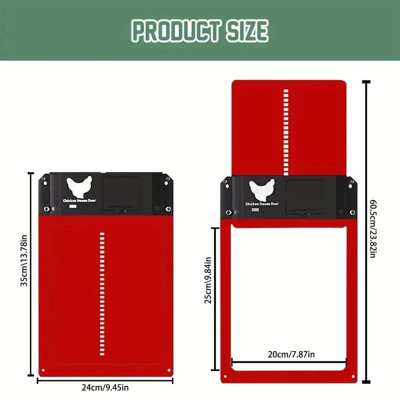 Battery-operated poultry door that opens and closes with sunrise and sunset.