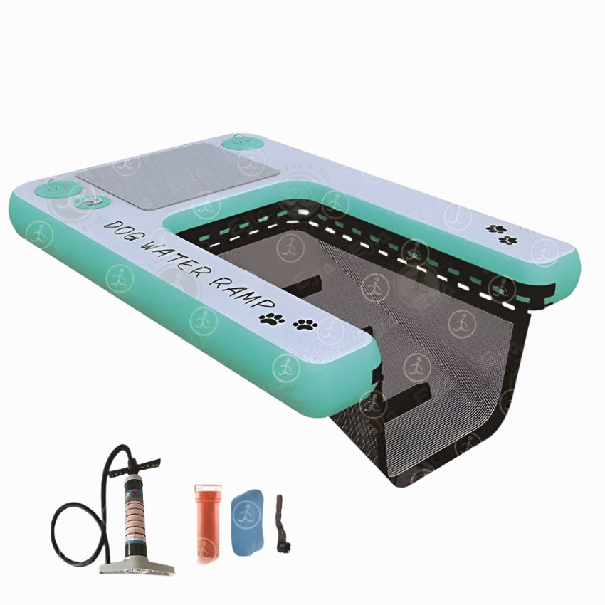 Inflatable dog water ramp with non-slip platform for pools, boats, and docks; includes pump and repair kit for easy setup.