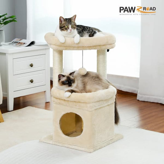 Two cats on a two-level cat tree in a room with a white dresser and plant.