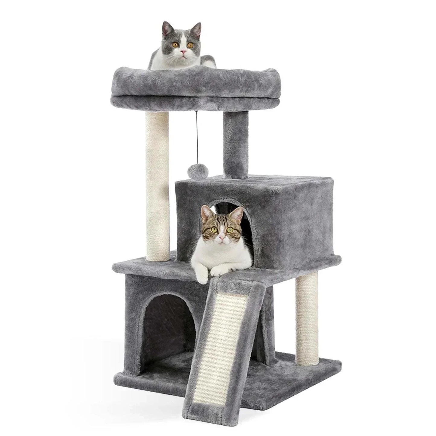 Luxury cat tree with double condos, spacious perch, cat hammock, fully wrapped sisal scratching posts, and dangling balls.