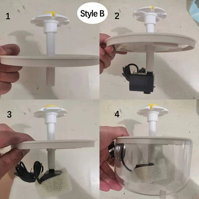 USB Electric Mute 1L pet water fountain assembly, Style B components.